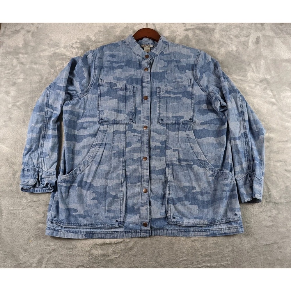 Duluth Trading Shirt Womens Large Blue Camo Chambray Rootstock Gardening Smock
